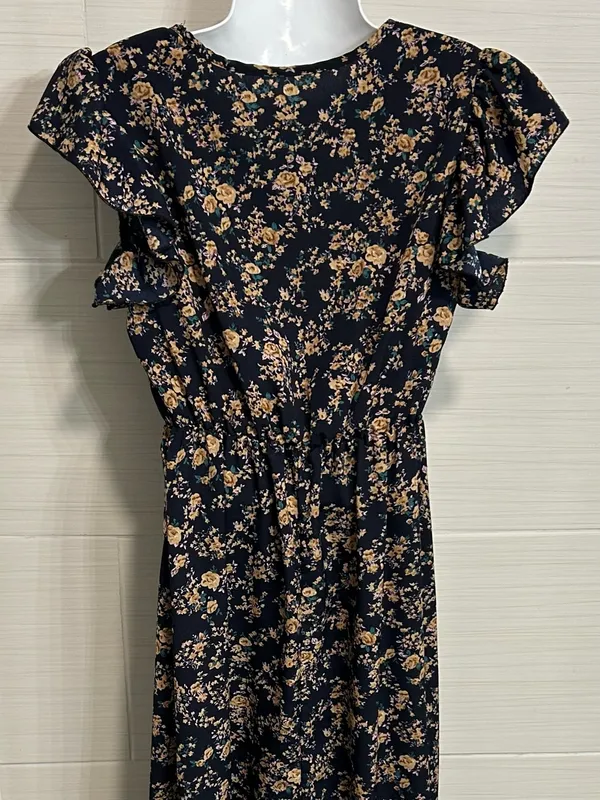 Navy Floral Dress Short Flutter Sleeves Mid Calf Maxi Lightweight, Small - Image 4