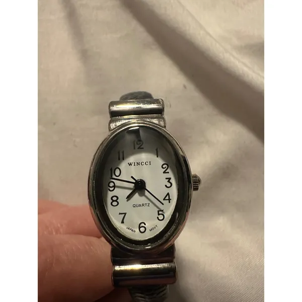 Wincci Quartz Watch Silver Tone‎ Black Faux Leather Cuff Bracelet Japan Movt - Image 6