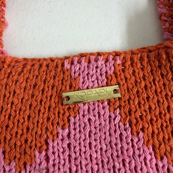 Kopari Knitted Argyle Shoulder Bag pink orange woven slouchy hobo handbag purse - Image 2
