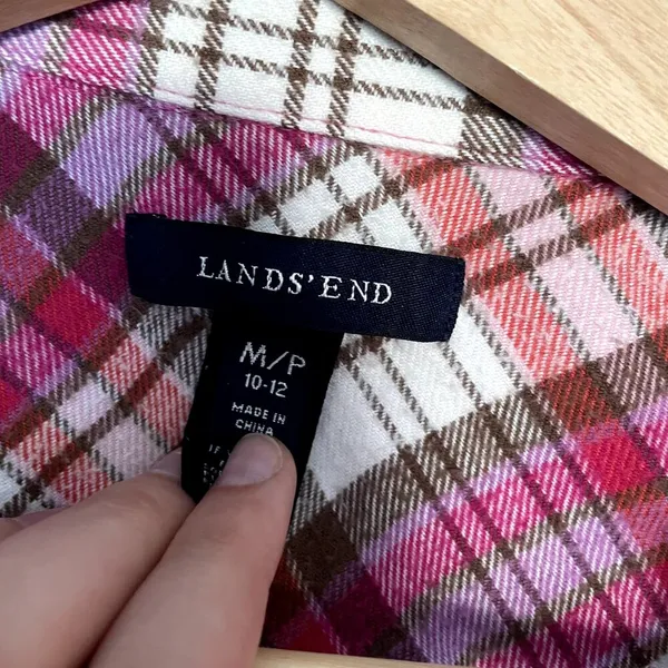 Lands'‎ End pink white checkered button down long sleeved flannel top women's M - Image 3