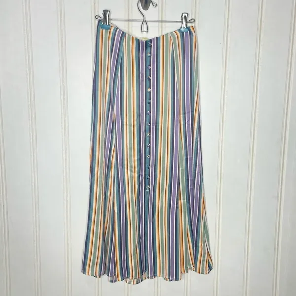 Maeve Anthropologie Freya Satin Multi Stripe Button Front Midi Skirt Xs/0 349 - Image 8