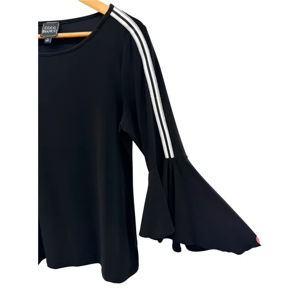Coco Bianco Black Top M Rhinestone Sporty Stripe Flared Bell Sleeve Blouse NWT - Image 4