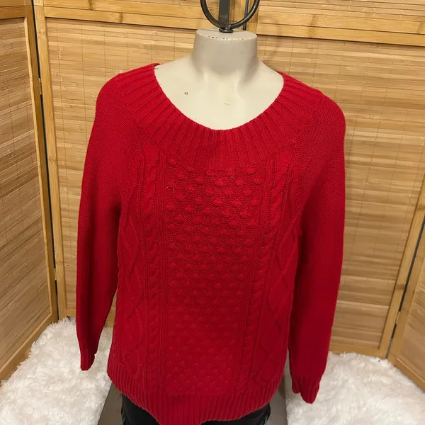 Ralph Lauren Chaps Sweater Women Red Chunky Cable Knit Fisherman Ribbed top M - Image 2