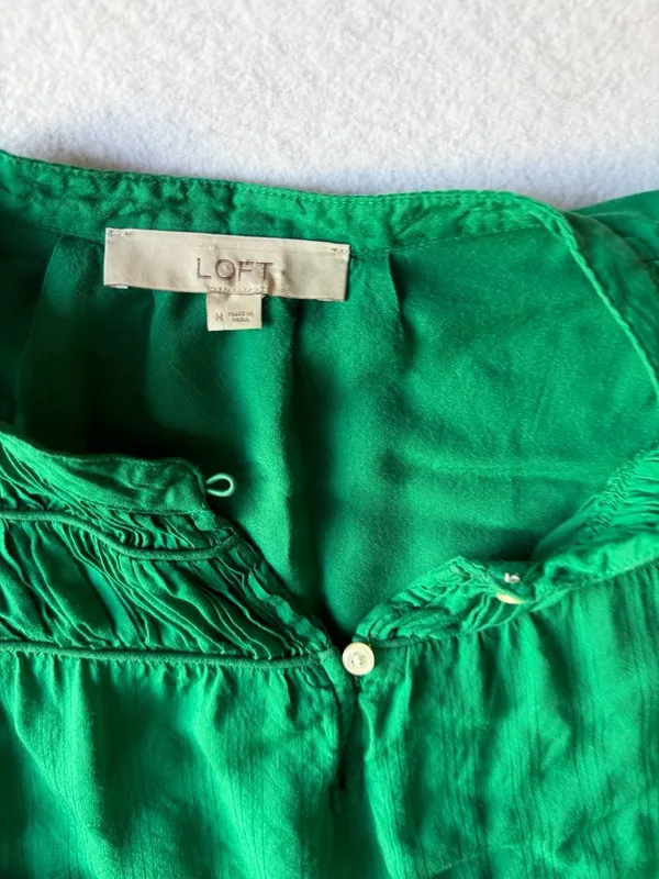 LOFT Women's Emerald Green Long Sleeve Blouse with Shirred Yoke Detail - Image 2