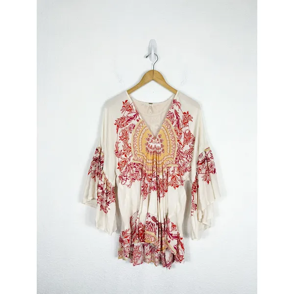 Free People Sunset Dreams Printed Tunic Size XS Ruffle Sleeve Bohemian Relaxed - Image 4