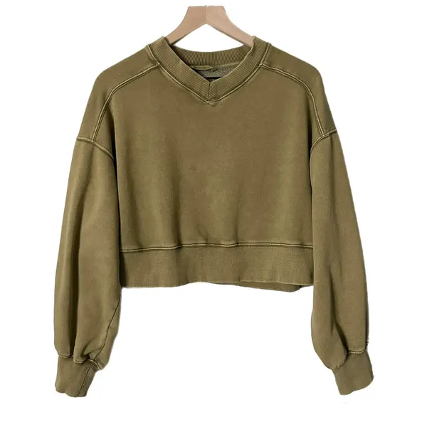 Free People Movement Olive Green V-Neck Cropped Sweatshirt Pullover Size XS - Image 2