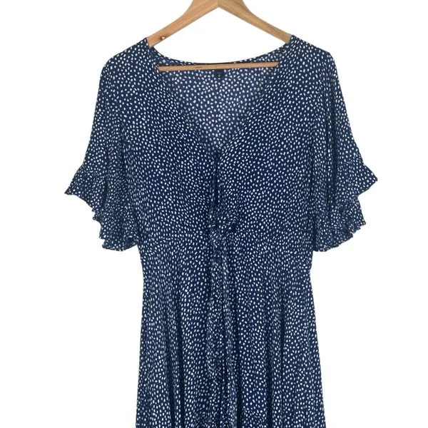 Express High Low Maxi Dress Womens M‎ Navy Blue Polka Dot Tie Front Cottagecore - Image 2