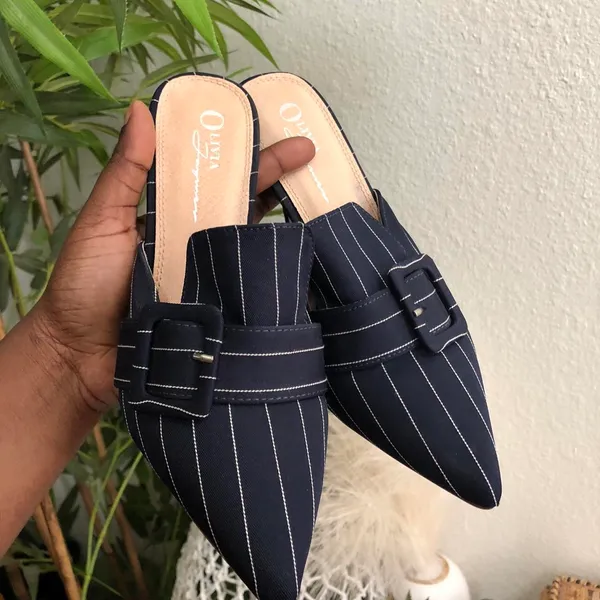 Olivia Jaymes Office Siren Core Navy white pin striped mules buckle detail 4” heels pumps - Size 8 - Image 3