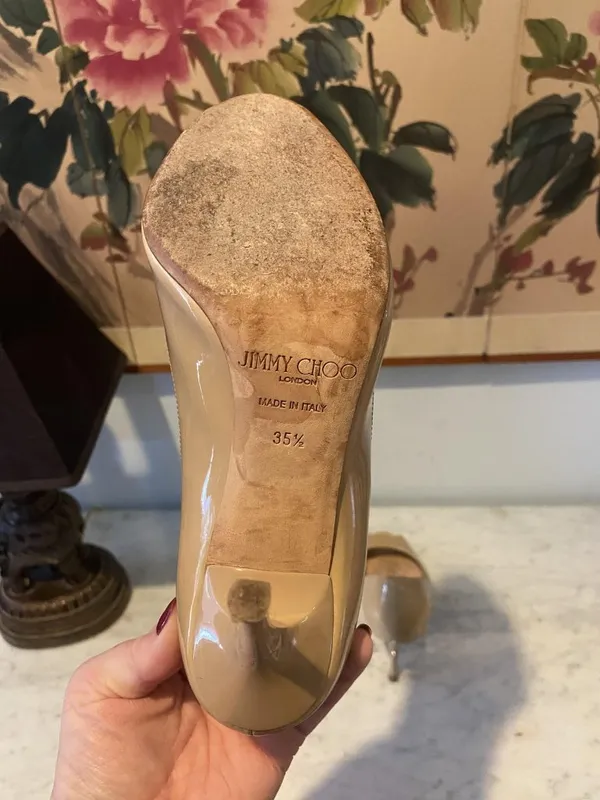 Jimmy Choo Shoes Womens Size 5.5 Beige Patent Peep Toe High Heel Pumps Italy - Image 4