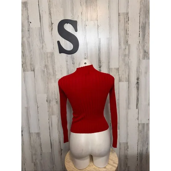 H&M Divided Candy Red Ribbed Knit Mock Neck Cutout Chest Long Sleeve Top Small - Image 3