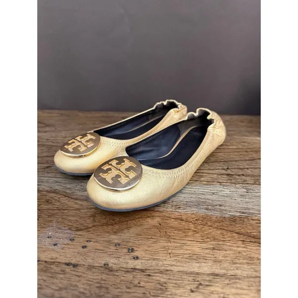 Tory Burch Reva Metallic Gold Tumbled Ballerina Flats - Image 4