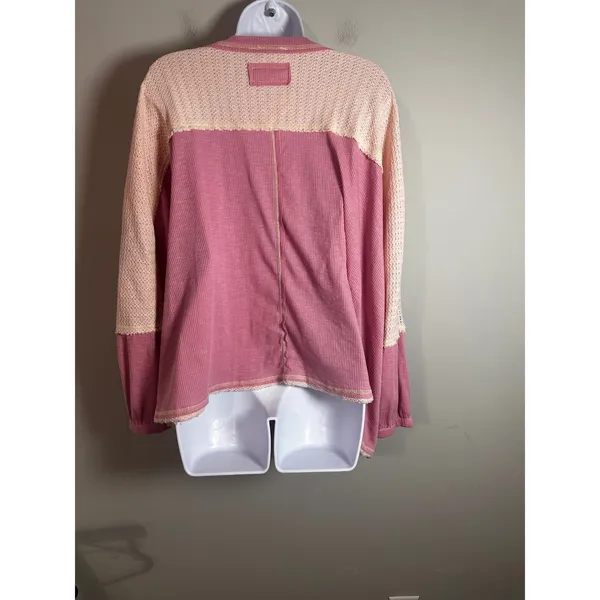 POL Womens‎ Pink Patchwork Waffle Knit Crochet Lace V-Neck Oversized Top Medium - Image 6