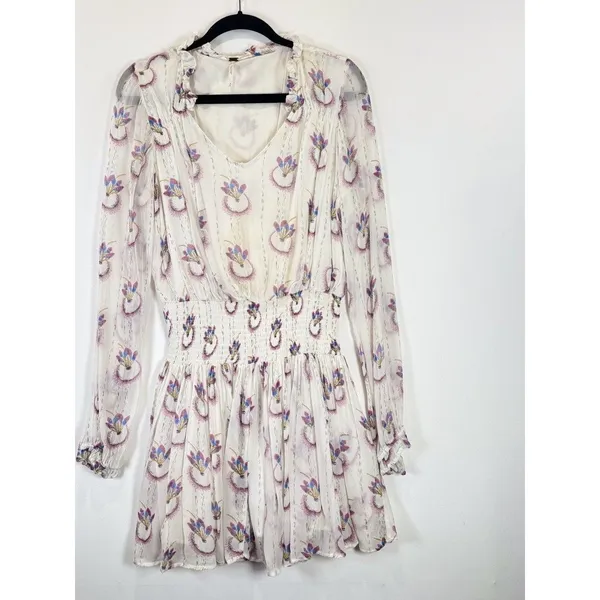 Free People Mini Dress Beige Wild Horses Dreamcatcher V Neck Smocked Medium - Image 6