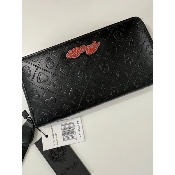 Ed Hardy Black‎ Embossed Skull Heart Zip Around Wristlet Wallet New EHW05505M - Image 2
