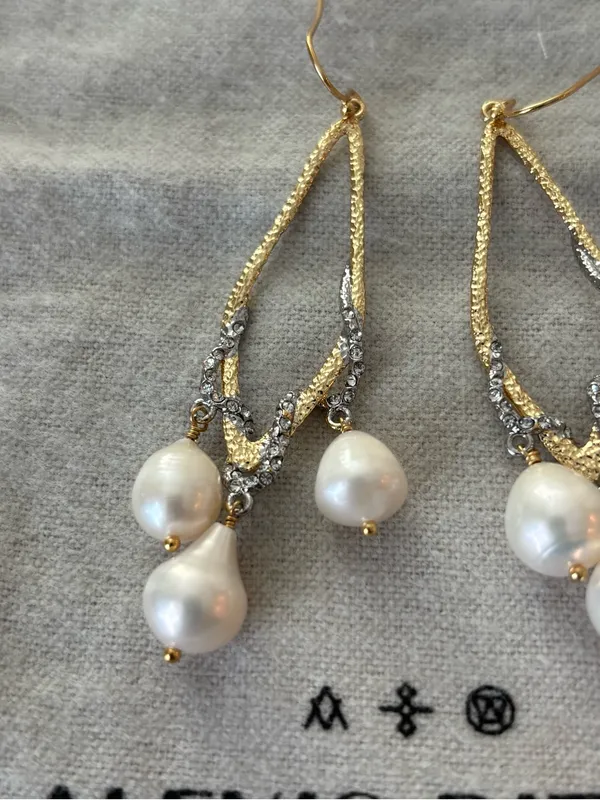 NWOT Alexis Bittar Gold Tone Crystal & White Pearl Drop Earrings - Image 3