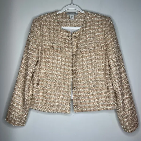 Rachel Zoe Tan Gold Tweed Blazer Jacket Size Large - Image 7