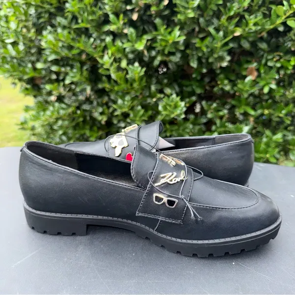 Karl Lagerfeld Black Leather Loafers with Gold Accents Women’s Size 8 NWT - Image 4