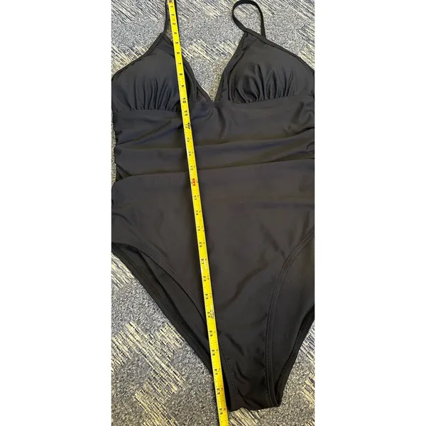 Time and Tru Black One Piece Swimsuit Mesh Inset Ruched Hi Cut Women's Large NEW - Image 4