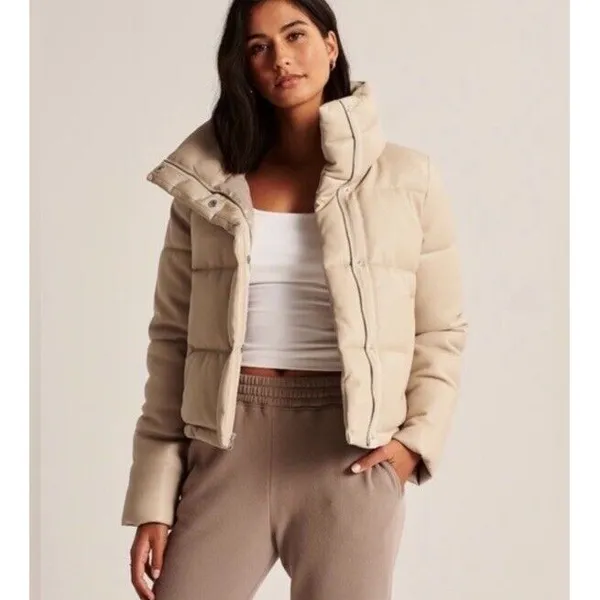 Abercrombie & Fitch Women's Large Cream Vegan Leather Mini Puffer‎ Jacket - Image 8