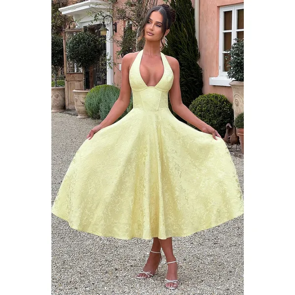 NWT Babyboo Effie Lemon Yellow Floral Jacquard Halter A-Line Midi Dress Size S - Image 3