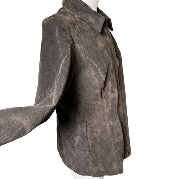 Brown Suede Leather Zip‎ Jacket Collared 90s Minimalist Relativity Women M - Image 7