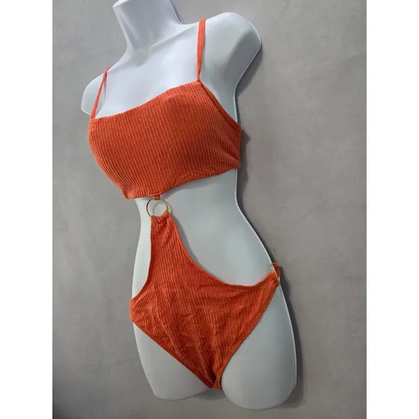 Orange One Piece Sexy Resort Beach Vacation 90s Textured Swimsuit Sexy Large - Image 4