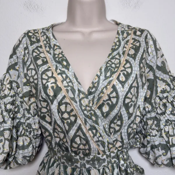 Anthropologie‎ Ash Eden Women 100% Cotton Mini Wrap Dress XS Green Cottage Party - Image 6