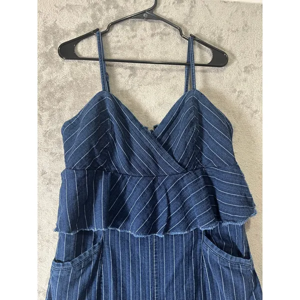 Anthropologie‎ Ett:twa Striped Denim Peplum Jumpsuit Wide Leg Blue Pinstripe LG - Image 3