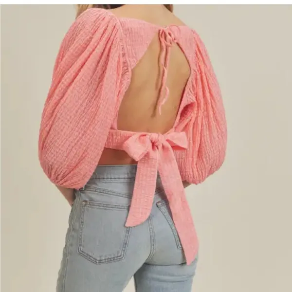 Lush Cropped Coral Puff Sleeve Blouse Sz S NWT - Image 3