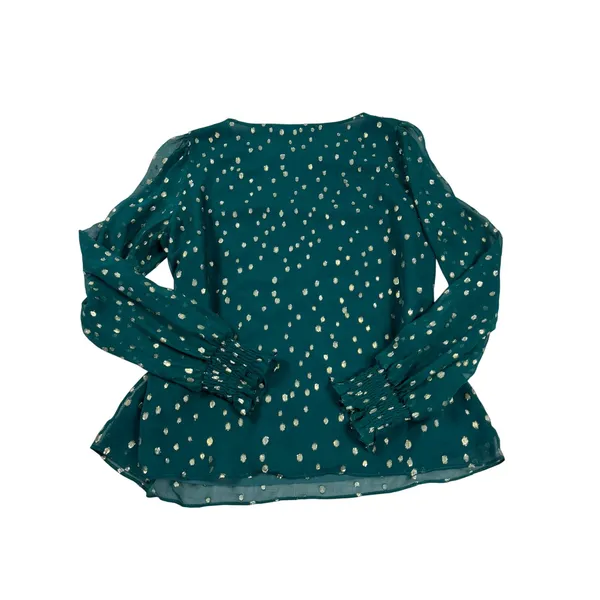 Lilly Pulitzer Green Silk Gold Metallic Polka Dot Smocked Cuff Blouse Top 07109 - Image 2