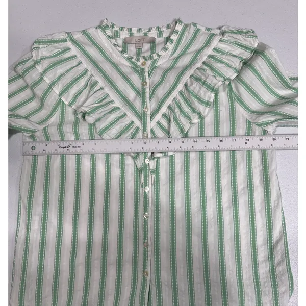 LOFT Green Striped Ruffle Long Sleeve Button Blouse M Cotton Top Peasant Modest - Image 8