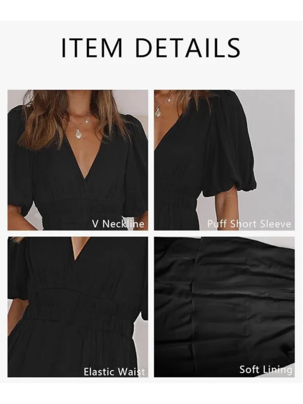 NEW Short Puffy Sleeve V Neck A-Line Flowy Wrap Wedding Guest Lined Dress S - Image 10