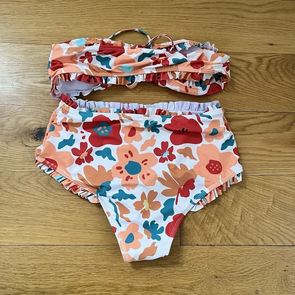 SHEIN Swimsuit‎ Flower Print Knotted Front Bandeau Bikini Set, High Waist Sz S - Image 5
