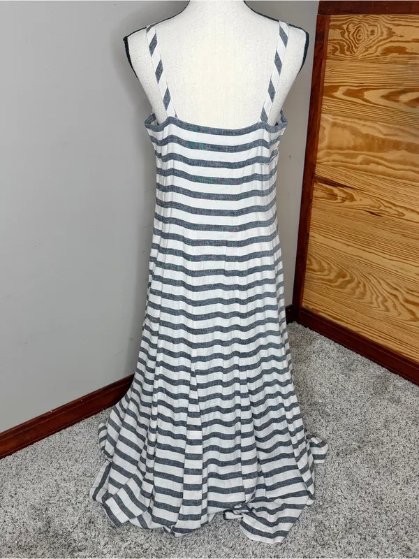 Anthropologie Maeve Linen Blend Striped Maxi Dress 10 Blue White Preppy Nautical - Image 3