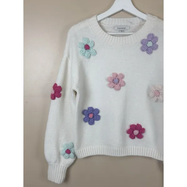 Francesca’s Sweater Size XS White Floral Crochet Flower Knit Pullover Crew Neck - Image 3