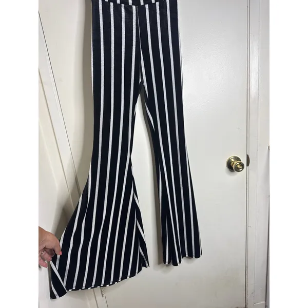 Turquoise Haven Black & White Striped Bell Bottom Flare Pants Boho Western XS - Image 3