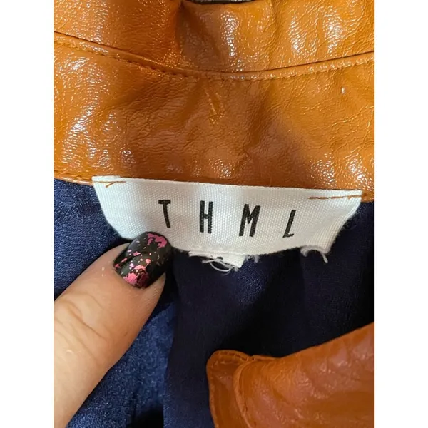 THML Dover Navy Dress Faux Leather Shift Mini Mod Preppy Old Money Dress Size S - Image 5