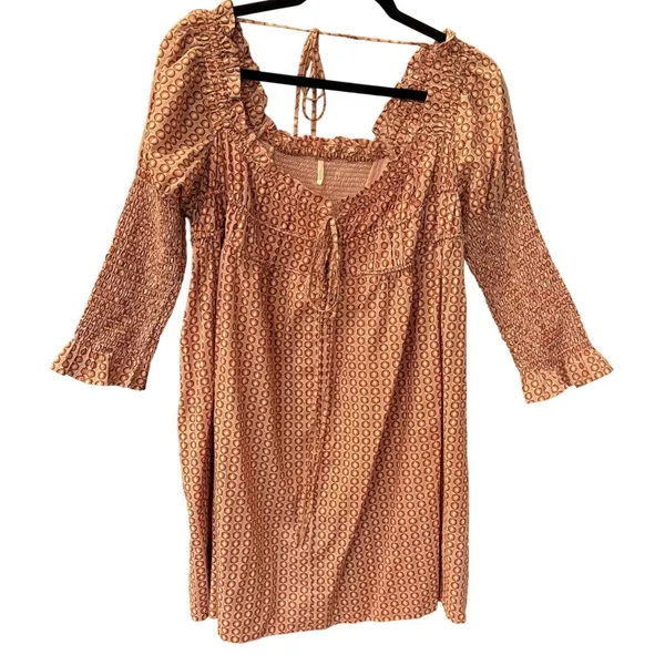 Free People $128 Star Dip Smocked Cotton Mini Dress Retro Boho Oversized XS - Image 3