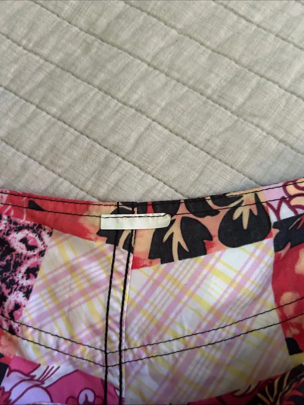 Vtg pink yellow black Hawaiian retro tropical patchwork boho 70’s board shorts L - Image 5