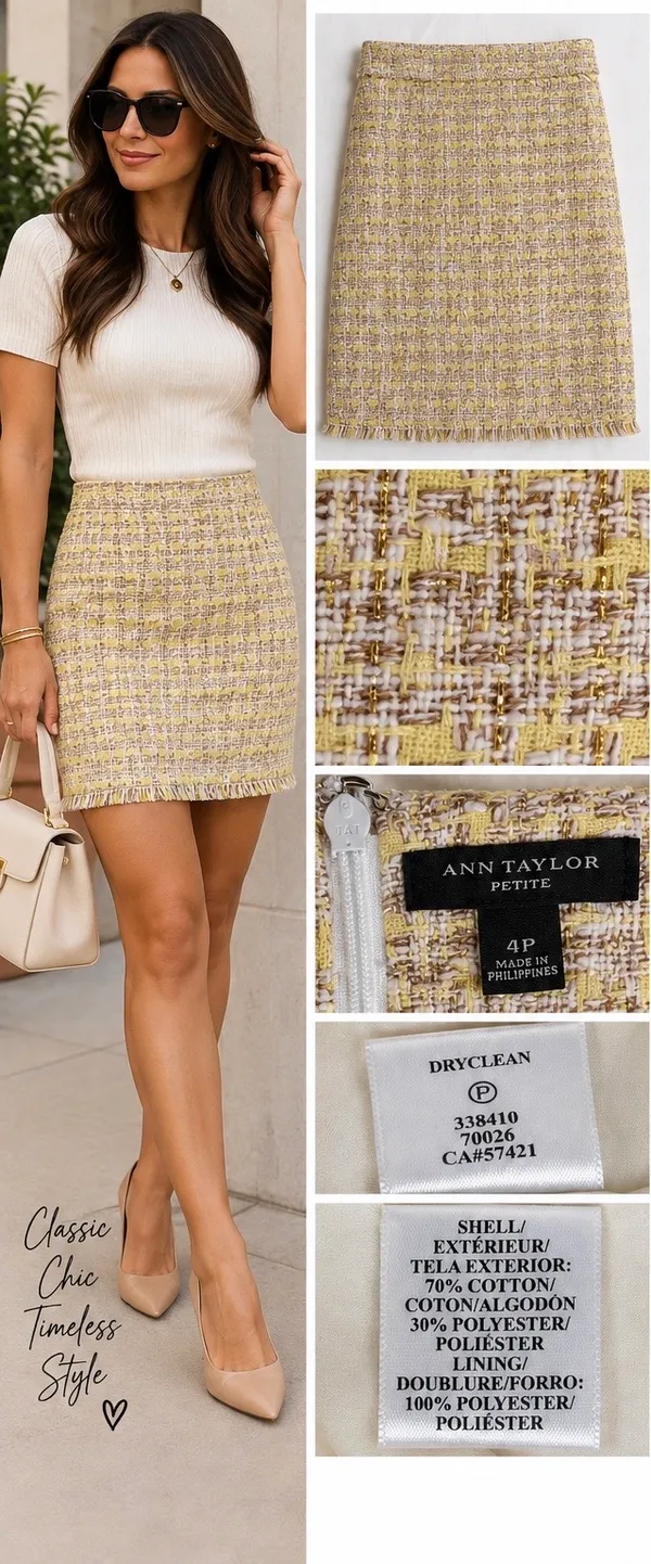 Ann Taylor Petite Yellow Tweed Pencil Skirt 4P Metallic Fringe - Image 2