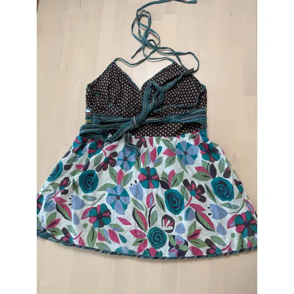 Womens‎ Floral Halter Top Brown Teal Boho Beaded Sequin Empire Babydoll Waist 8 - Image 2