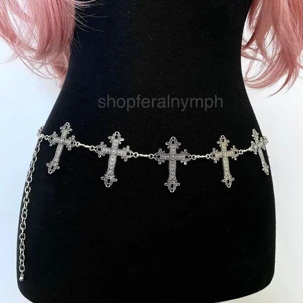 Silver Y2K Gothic Cross Waist Chain Belt, Fits 12 to 35 Inches, X7GA1367 - Image 4