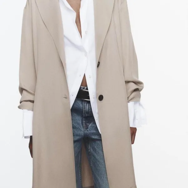 NWOT Zara Basic Soft Trench Flowy Coat in Beige Marl. Size medium - Image 2