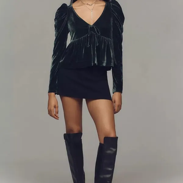 NWT Anthropologie Dark Green Maeve Velvet Babydoll top size XS. - Image 5