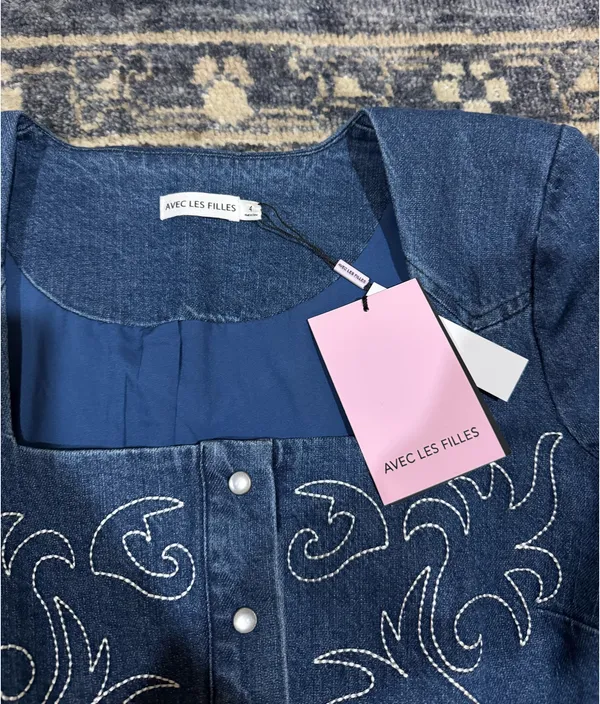 Avec Les Filles Denim Embroidered Mini Dress - Image 3