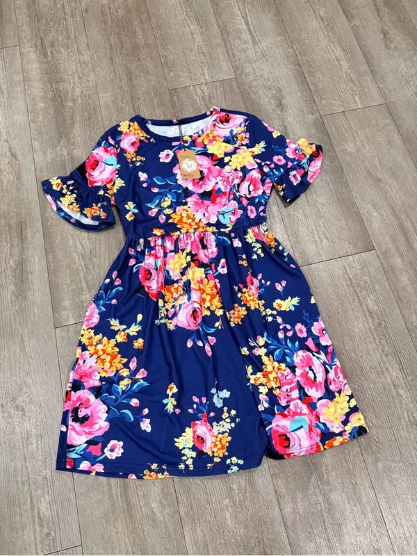 Navy Floral Ruffle Sleeve Women’s Dress - Image 7