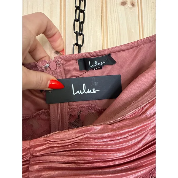 NWT Lulus Desme Rose Pink Satin Plisse Strapless Maxi Dress Holiday Party Size M - Image 6