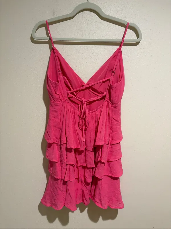 Hollister V-Neck Ruffle Tiered Mini Dress Lace Up Corset Back Hot Pink Medium - Image 5