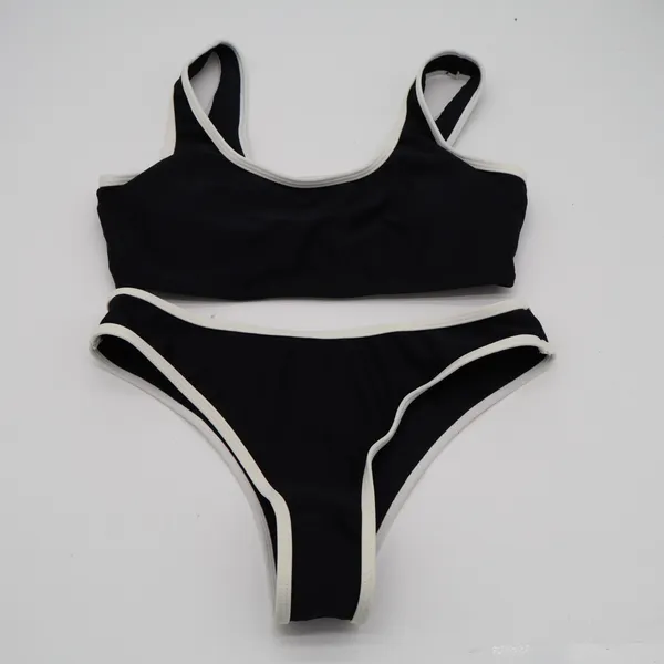 2 Piece Bikini Set Women Small Black White Contrast Trim Stretch Ribbed Swimwear - Image 2