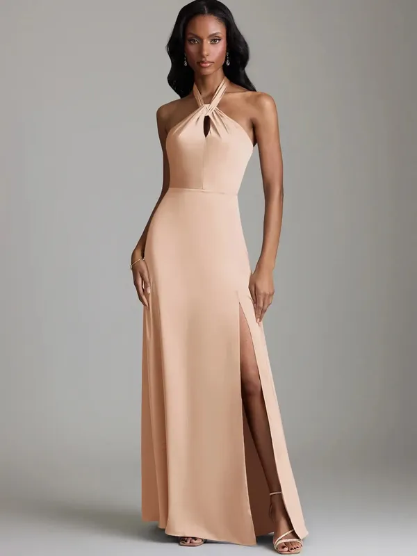 Azazie Tracie Maxi Dress English Rose A-Line Side Slit Stretch Satin Dress Sz 16 - Image 2